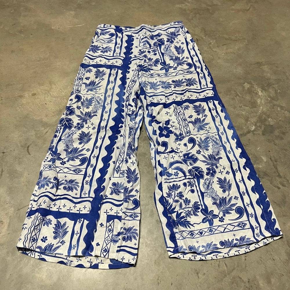 Joie Blue White Tropical Floral Print 100% Linen Wide Leg Pants Size M